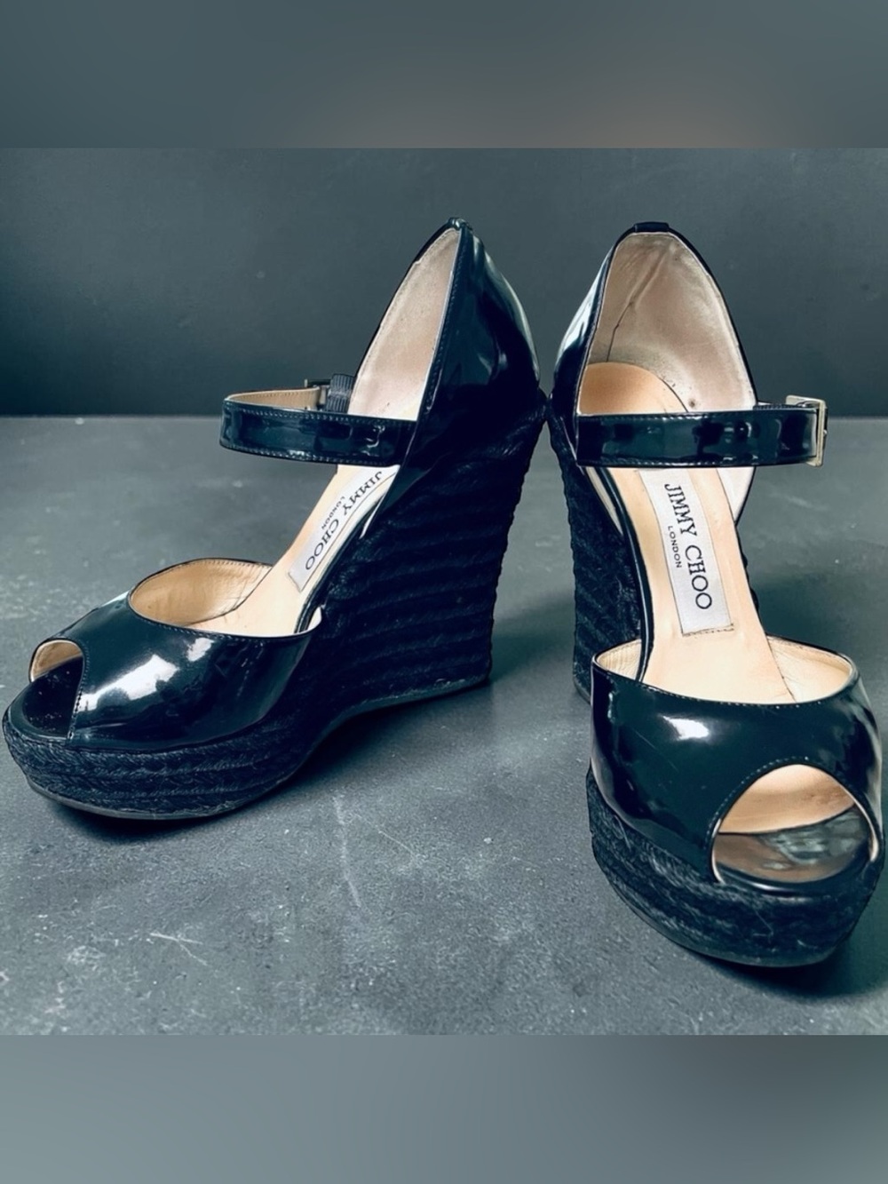 Jimmy Choo black patent Mary Jane espadrille wedges - size 36- vintage
